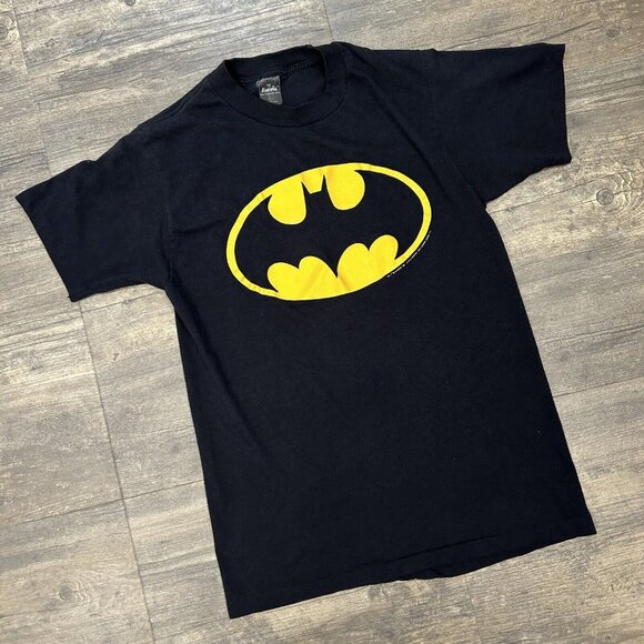 Vintage 80s Batman Yellow Bat Logo Large T-Shirt Black DC Comics Anvil‎ USA - Picture 1 of 6